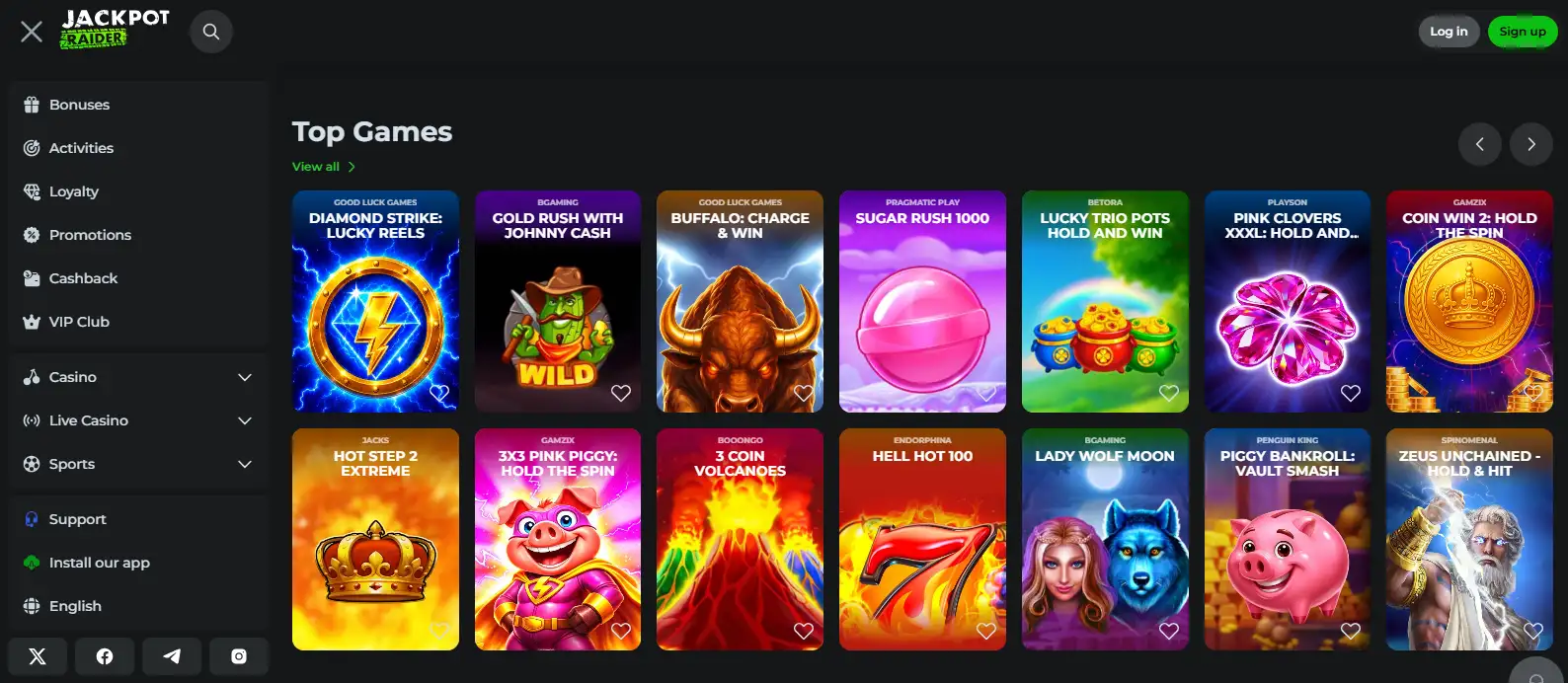 Jackpot Raider homepage with main navigation and a casino lobby entrance