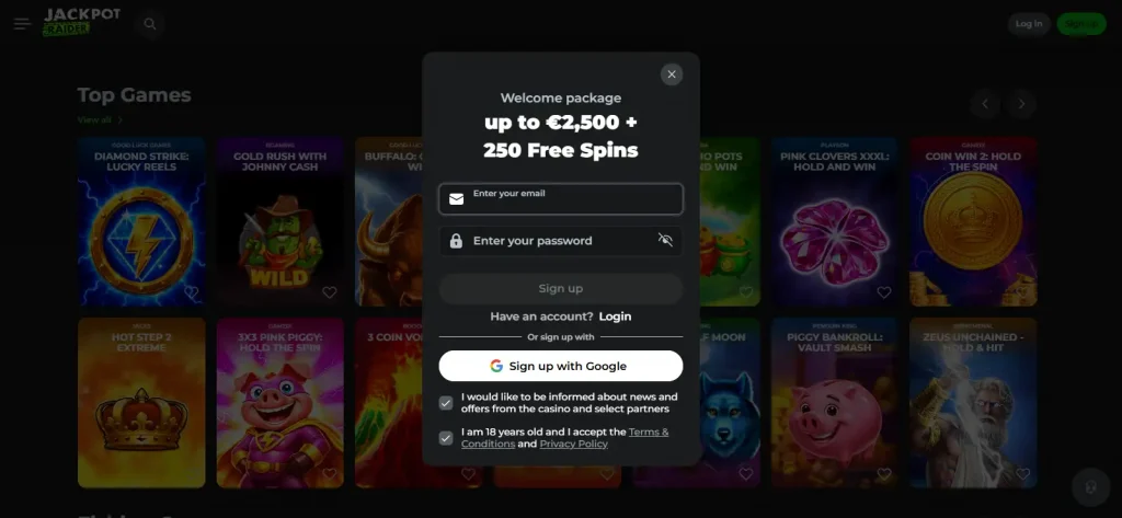 Jackpot Raider account sign-up form showing email and password fields