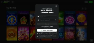 Jackpot Raider account sign-up form showing email and password fields