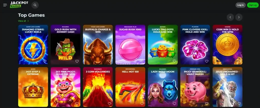 Jackpot Raider casino lobby showing game categories and title tiles