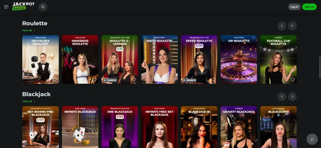 Jackpot Raider live casino lobby with dealer game tiles