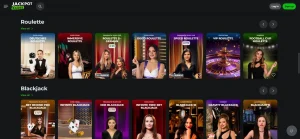 Jackpot Raider live casino lobby with dealer game tiles