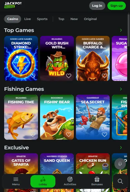 Jackpot Raider mobile website with home-screen access options
