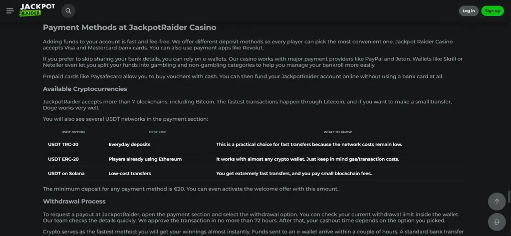 Jackpot Raider payment section listing available funding categories