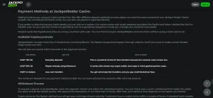 Jackpot Raider payment section listing available funding categories