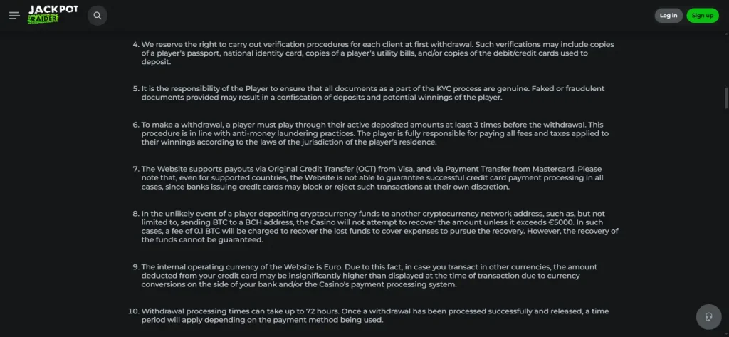 Jackpot Raider payout terms explaining withdrawal processing