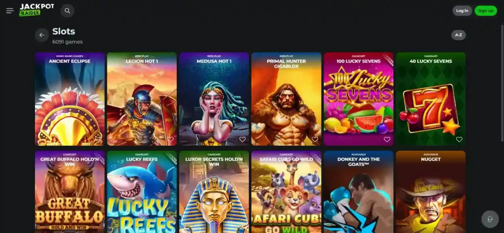 Jackpot Raider slots section showing game tiles and category filters