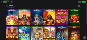 Jackpot Raider slots section showing game tiles and category filters