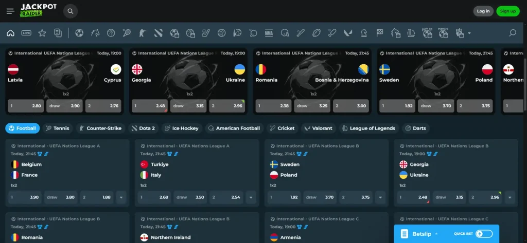 Jackpot Raider sportsbook navigation with a selection of betting markets