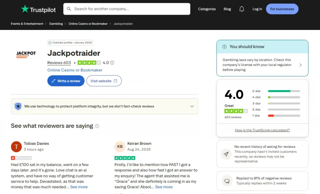 Trustpilot profile for www.jackpotraider.com showing its TrustScore and review count